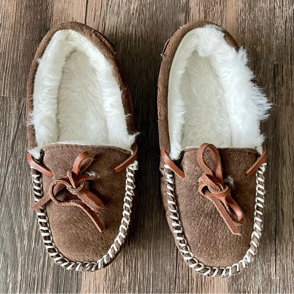 Lam Brown Suede Slippers Size 12 Toddler Faux Fur Lining Moccasins House Shoes